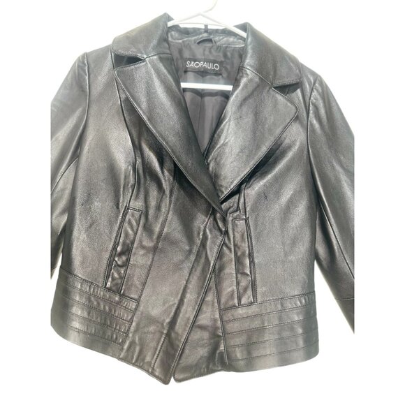 Sao Paulo Lamb Leather Moto Jacket Womens Small Black Biker Crop Asymmetrical - Picture 7 of 16